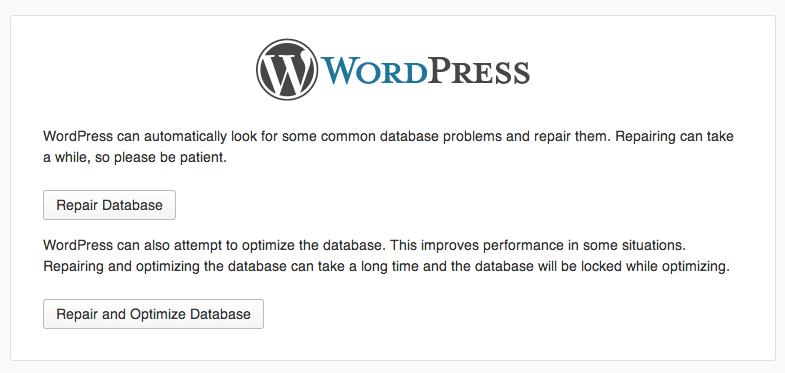 WordPress screen when the repair.php file is accessed and the WP_ALLOW_REPAIR constant is active