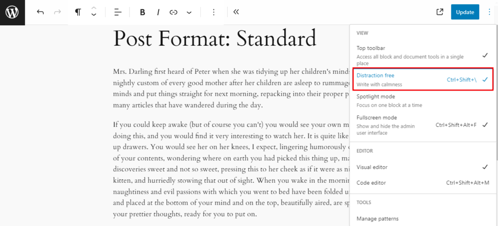 distraction mode wordpress
