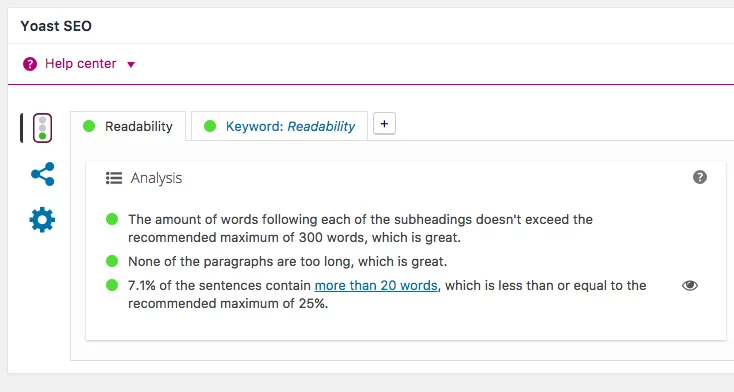 Image of the Readability tab in the WordPress plugin Yoast SEO