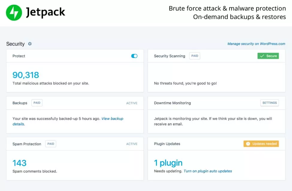 WordPress Security Plugins - Jetpack Dashboard