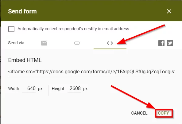 Embed HTML code Embed Google Form In WordPress