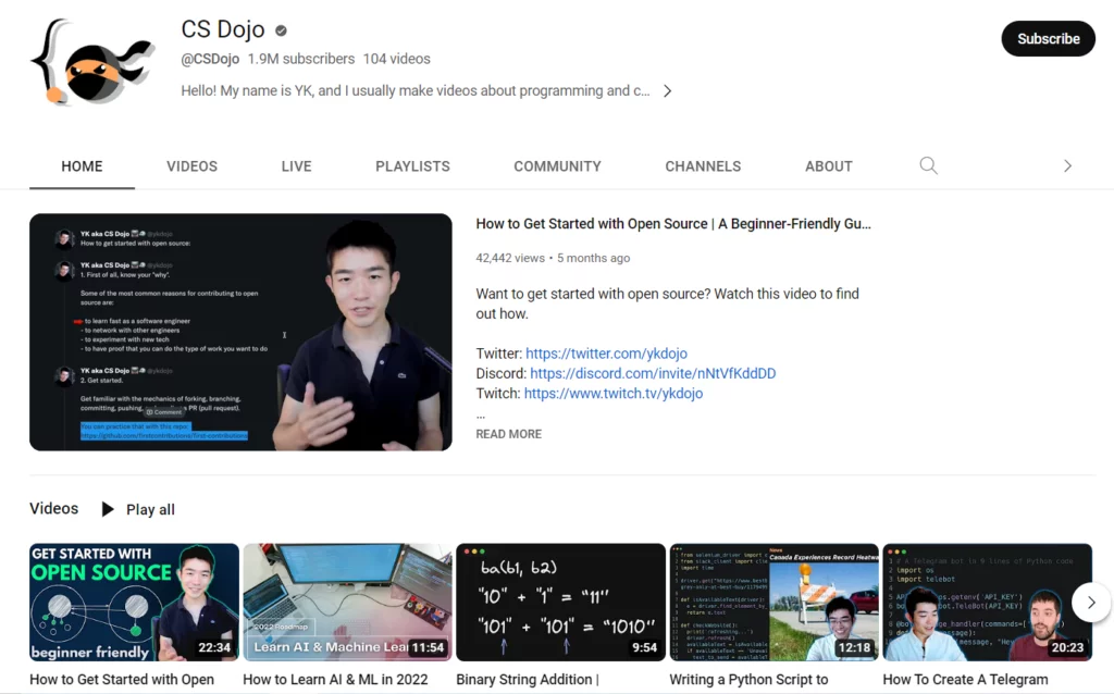 Youtube Channels of CS Dojo 