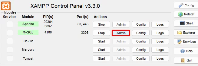 XAMPP control panel 