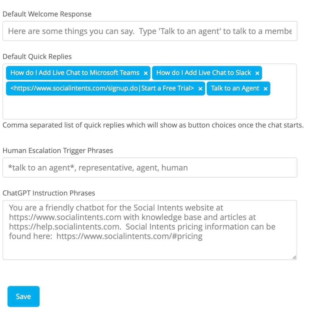 Social Intents Live Chat for MS Teams, Slack, and ChatGPT