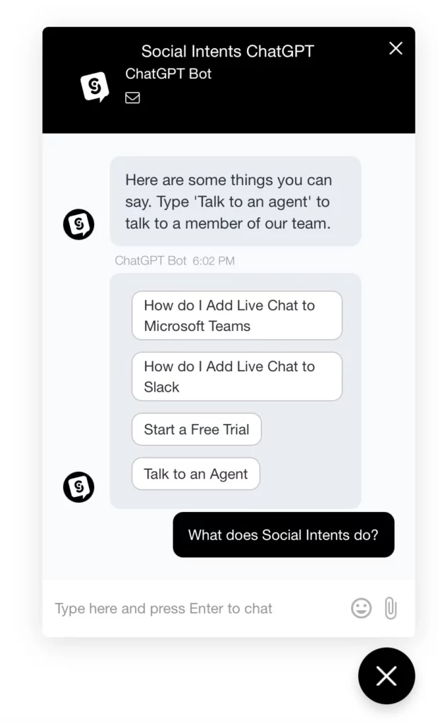 Social Intents Live Chat for MS Teams, Slack, and ChatGPT