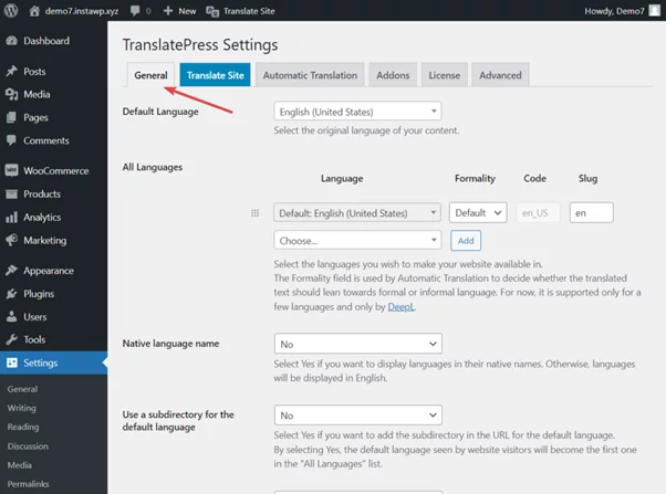 transaltepress settings