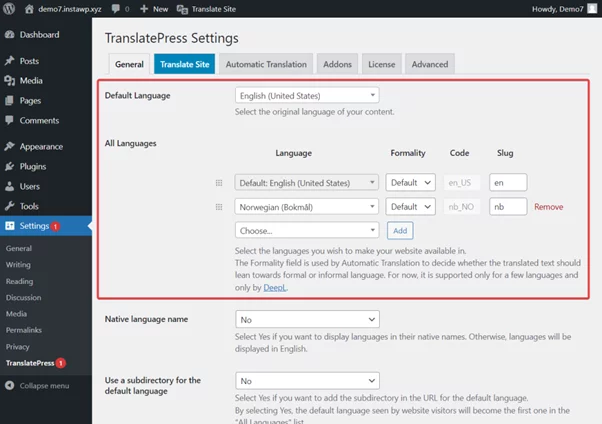 Translatepress setting