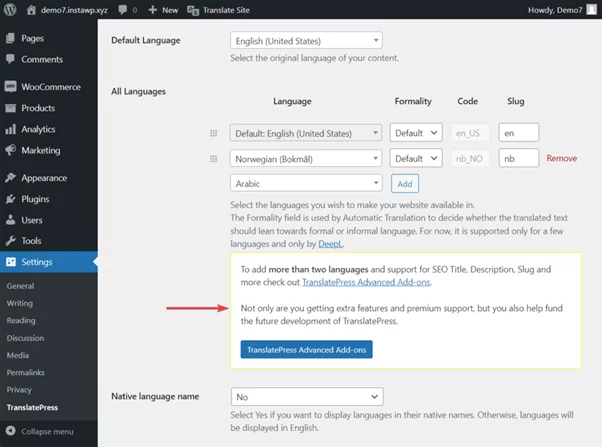 default language for translatepress