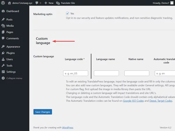 custom language for translatepress