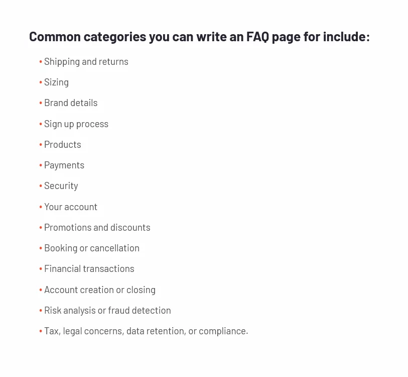 FAQ categories