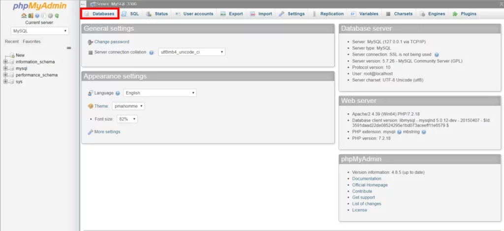 PhpMyAdmin databases