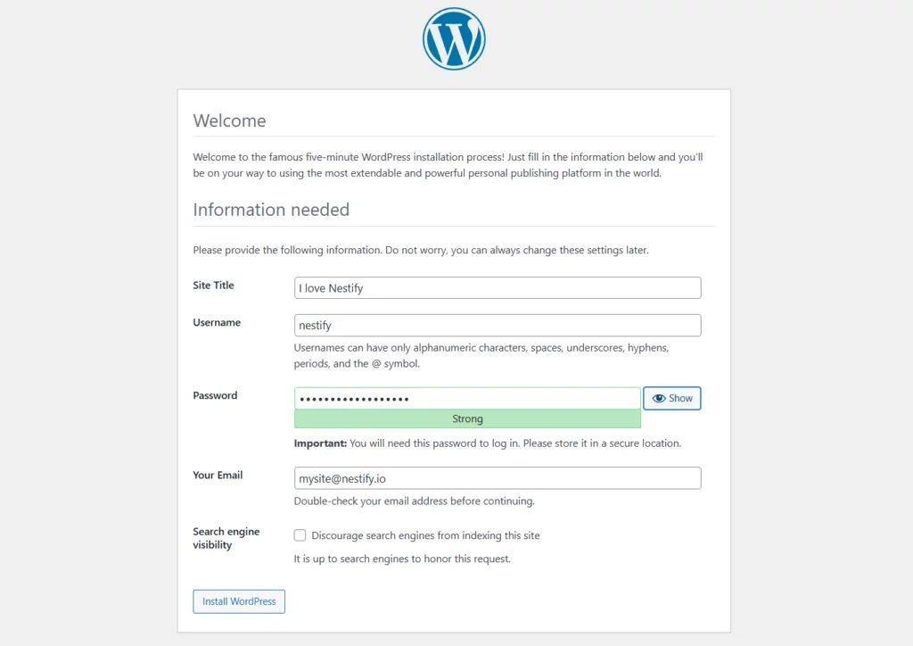 Setting WordPress username and passeword