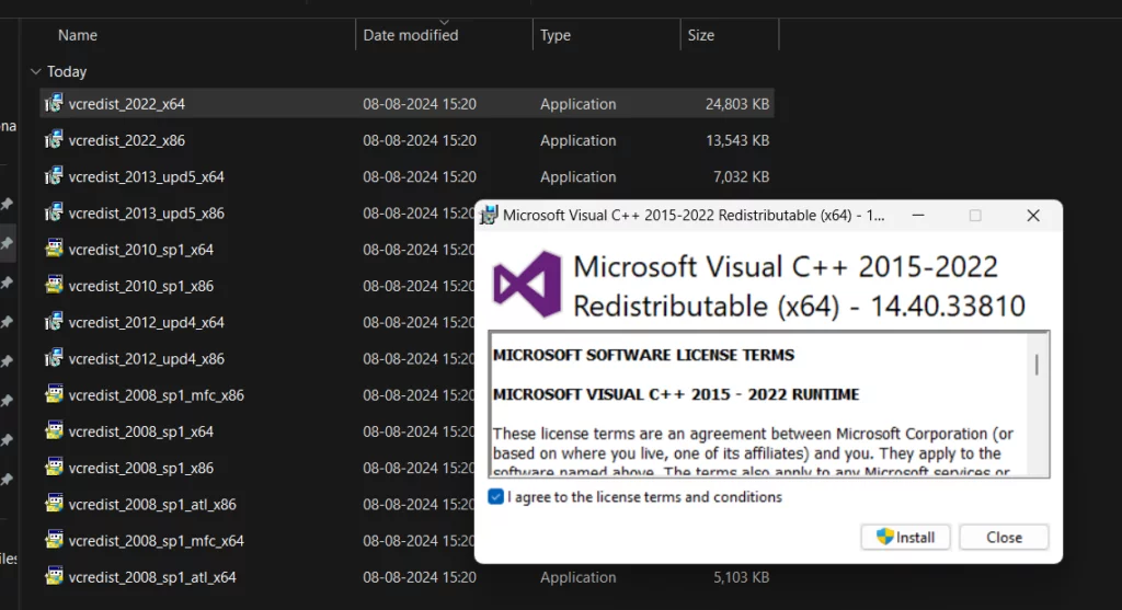 Installing the missing VC++ packages to fix the error
