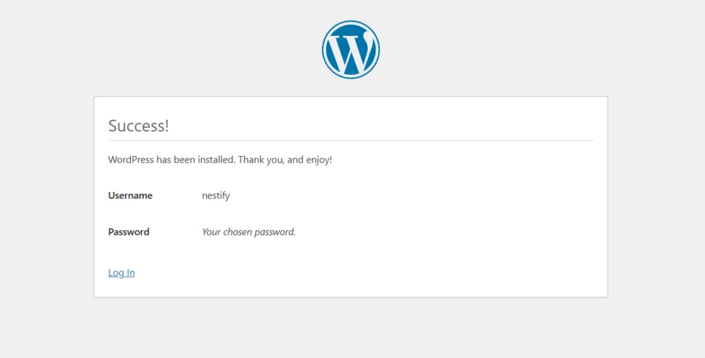 WordPress Install success message