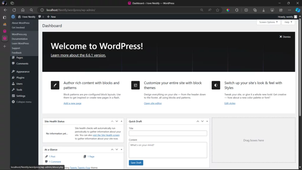 WordPress dashboard