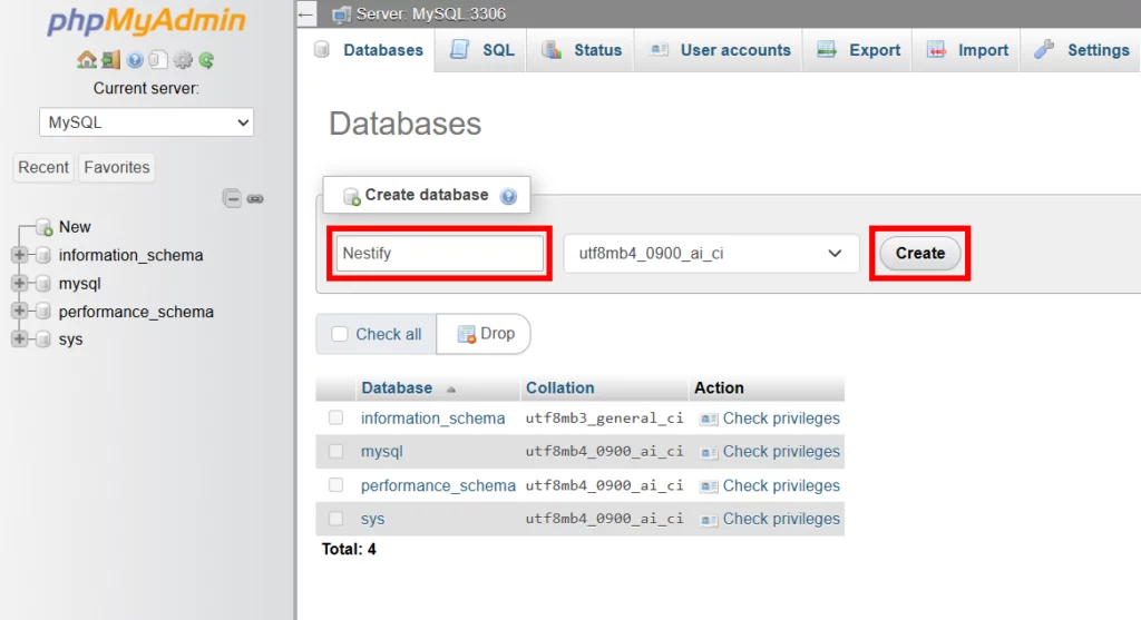 Creating a database in PhpMyAdmin